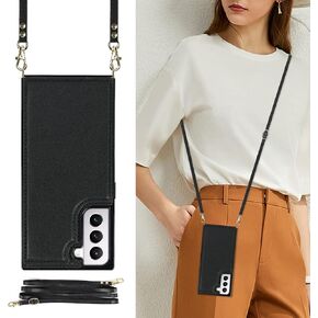 UEEBAI Crossbody Wallet Case for Samsung Galaxy S21 5G, Kickstand with Adjustable Removable Lanyard Neck Strap Case RFID Blocking Case Card Holder Case Magnetic Clasp Cover Flip Case -Black