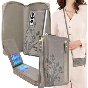 Lacass for Samsung Galaxy Z Fold 3 5G 2021 Case Crossbody Dual Zipper Detachable Magnetic Leather Wallet Cover Wrist Strap with 8 Card Slots (Floral Gray)