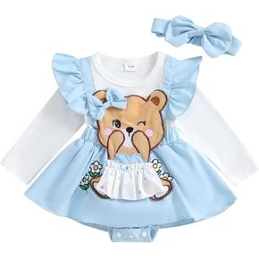 Newborn Baby Girl Clothes Cute Bear Romper Dress Ruffle Sleeve Bodysuit with Headband Fall Winter Outfit 0-18M