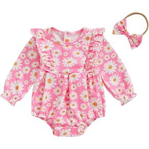 Newborn Baby Girls Clothes Ruffle Shoulder Long Sleeve Romper Bodysuit Bow Headband 2Pcs Fall Outfits