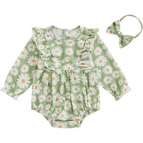 Newborn Baby Girls Clothes Ruffle Shoulder Long Sleeve Romper Bodysuit Bow Headband 2Pcs Fall Outfits