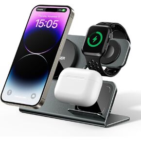 3 in 1 Magnetic Wireless Charging Station Compatible with iPhone 16/15/14/13/12 Series, 15W Aluminum Alloy Wireless Charger for Office Desk Bedroom Table for Airpods 3/2/Pro, iWatch with 20W Adapter