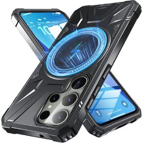 for Galaxy S23 Ultra case[Magnetic Wireless Charging] 360°Rotatable Invisible Kickstand,Soft Edge,Rugged Hard Back,Shockproof Phone Case [Black],MDM-HJ-02-01