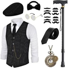 1920s Mens Costume, Roaring 20s Costumes Accessories Set Vest Foldable Crutches Fedora Hat Pocket Watch Tie