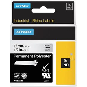 DYMO 622289 Rhino Permanent Vinyl Industrial Label Tape, 1/2-Inch x 18 ft, Clear/Black Print