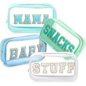 4 Pcs Mama and Baby Toiletry Bag Clear Chenille Letter Pouch Snacks Makeup Bag Stuff Travel Cosmetic Bag Preppy Transparent Bag with Zipper for Women Girls