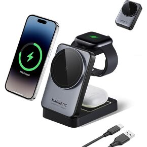 Foldable 3 in 1 Wireless Charger for iPhone,15W MagSafe Charger Stand for iPhone, Foldable Travel Wireless Charger Compatible with iPhone, Apple Watch,Airpods Pro (Black)