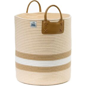 Large Blanket Basket with Vegan Leather Handles. Cotton Rope Basket for Blankets, Laundry, Toys, Throw Pillows, Towels. Large Storage Basket for Living Room, Bedroom, Nursery. 14.5x16"