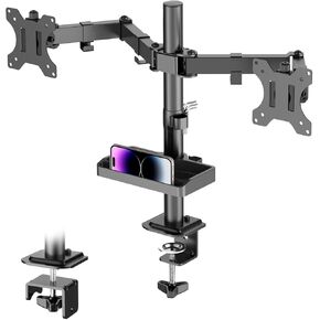 حامل شاشة مزدوج مع رف تخزين - حامل مكتبي للشاشة FORGING MOUNT لشاشتين كمبيوتر يصل حجمهما إلى 27 بوصة مع ارتفاع قابل للتعديل، دوار، إمالة، دوران، يتحمل ما يصل إلى 22 رطلًا للمنزل والمكتب والمدرسة in Kuwait