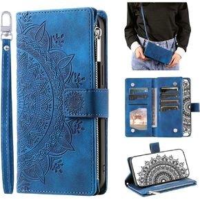 Crossbody Wallet Case for iPhone 13 Mini, Leather Case with Lanyard Strap Wristlet Zipper Card Holder, Flip Phone case Cover for iPhone 13 Mini (Blue)
