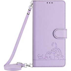 Crossbody Phone Case Comaptible for Samsung Galaxy S23 Ultra | Cat Embossed PU Leather Case with Detachable Lanyard Strap | Magnetic Flip Case with Kickstand Card Slots | Purple