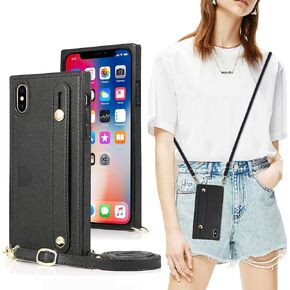 DEFBSC Lanyard iPhone XR Case with Finger Strap, PU Kickstand Case with Adjustable Crossbody Strap, Finger Strap and Card Slot Cover for iPhone XR-Black