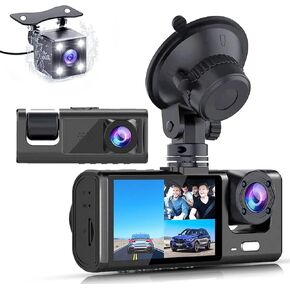 كاميرا داش كام أمامية وخلفية من 3 قنوات، 1080 بكسل فل اتش دي، كاميرا داش ثلاثية القنوات للسيارات مع رؤية ليلية فائقة الأشعة تحت الحمراء، WDR، مستشعر G، تسجيل حلقي، مراقبة وقوف السيارات، تسجيل 24 ساعة، دعم 32 جيجابايت كحد أقصى in Kuwait