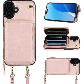 Bocasal Crossbody Wallet Case for iPhone 16 Plus, RFID Blocking Leather Purse Case with Card Holder, Protective Handbag Flip Cover with Zipper Wrist Strap Lanyard for Women 5G 6.7 Inch (Black)