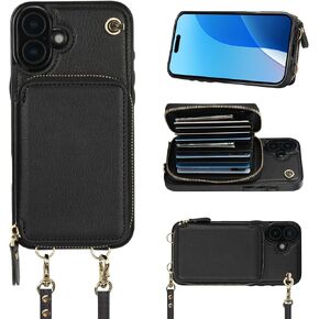 Bocasal Crossbody Wallet Case for iPhone 16 Plus, RFID Blocking Leather Purse Case with Card Holder, Protective Handbag Flip Cover with Zipper Wrist Strap Lanyard for Women 5G 6.7 Inch (Black)