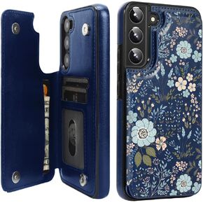 uCOLOR for Samsung Galaxy S22 Wallet Case,Flip Folio Leather with Card Holder Slots Kickstand Slim Fit Protective Cover Phone Case (Blue Flowers)