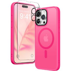 GONEZ Magnetic for iPhone 15 Pro Max Case,Compatible with MagSafe,[2 Screen Protector & 2 Camera Cover][Anti-Fingerprint] Slim Translucent Matte Back Shockproof Phone Protective Case(Hot Pink)