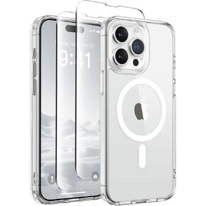 حافظة GONEZ المغناطيسية لهاتف iPhone 15 Pro Max، متوافقة مع MagSafe، [واقي شاشة و2 غطاء للكاميرا] [مضادة لبصمات الأصابع] حافظة واقية للهاتف مقاومة للصدمات وشفافة غير لامعة (وردي فاقع)