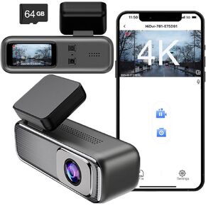 Dash Cam, 4K 2160P Front Dash Camera for Cars, Included 64GB Card, Built-in WiFi, 1.47 Inch Screen, Night Vision, 24-Hour Parking Mode, WDR, G-Sensor, Loop Recording, Support 256GB Max