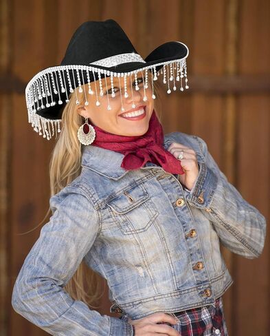 CEXDEXIONC راعية البقر قبعة بيضاء حجر الراين هامش قبعة رعاة البقر للنساء ديسكو كاوبوي الزي العروس راعية البقر قبعة in Kuwait