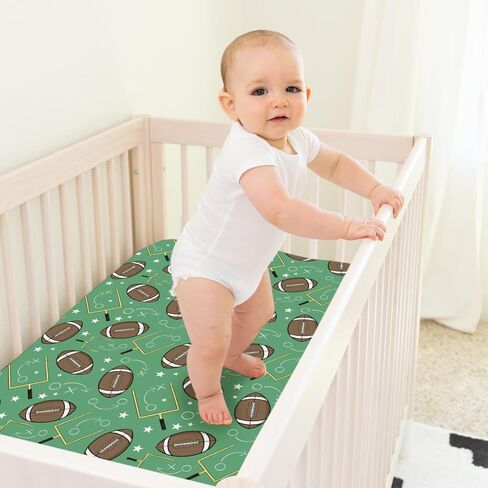 American Football Fitted Baby Crib Sheet for Girl Boy 52"x28" Cute American Football Green Soft Crib Mattress Cover Sports Fall Breathable Stretchy Baby Sheet for Standard Crib and Toddler Mattress in Kuwait