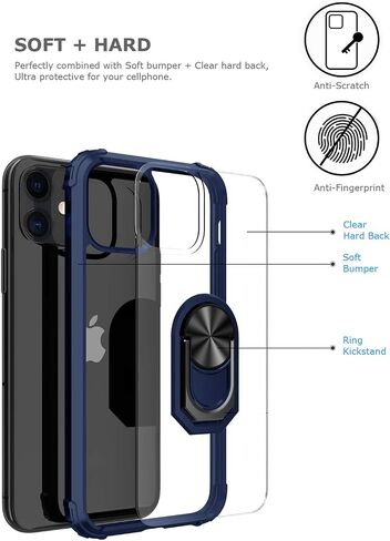 Kickstand Case for iPhone 11 6.1 Inch (2019),Drop Protection Clear Case,Slim Protective Phone Cover Shell,Soft Bumper + Hard Back + Ring Stand Fits Magnetic Car Mount,Blue in Saudi Arabia