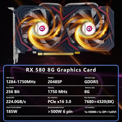 بطاقة رسومات RX 580 AMD بسعة 8 جيجابايت، بطاقة فيديو Radeon RX580 GDDR5 2048SP 1284 ميجا هرتز 256 بت مع مروحة تبريد مزدوجة، HDMI، DP، DVI، PCIE Express 3.0 GPU، تدعم ما يصل إلى 8K لألعاب المكتب والكمبيوتر in Kuwait