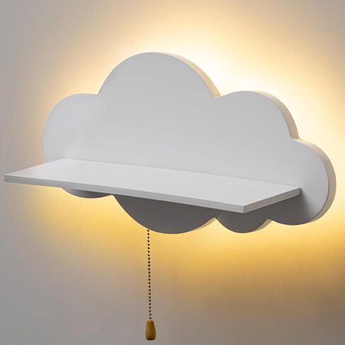 Cloud Nursery Lamp with Shelf Floating Shelf for Wall with LED Light Wooden Wall Mounted Nursery Bookshelf Cute Cloud Shaped Hanging Night Lights for Baby Kids Nursery Bedroom Wall Decor in Saudi Arabia