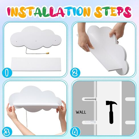 Cloud Nursery Lamp with Shelf Floating Shelf for Wall with LED Light Wooden Wall Mounted Nursery Bookshelf Cute Cloud Shaped Hanging Night Lights for Baby Kids Nursery Bedroom Wall Decor in Saudi Arabia