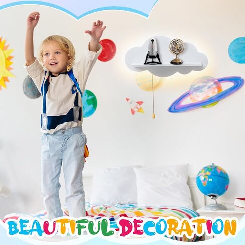 Cloud Nursery Lamp with Shelf Floating Shelf for Wall with LED Light Wooden Wall Mounted Nursery Bookshelf Cute Cloud Shaped Hanging Night Lights for Baby Kids Nursery Bedroom Wall Decor in Saudi Arabia