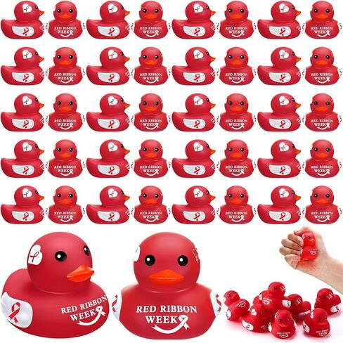 60 Pcs Red Ribbon Week Gifts Rubber Duck Red Ribbon Week Items with Red Ribbon Duck Bulk Gifts for Friend Family Students Coworkers Fundraiser and Toys Stop The Stigma in Saudi Arabia