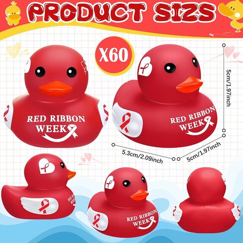 60 Pcs Red Ribbon Week Gifts Rubber Duck Red Ribbon Week Items with Red Ribbon Duck Bulk Gifts for Friend Family Students Coworkers Fundraiser and Toys Stop The Stigma in Saudi Arabia