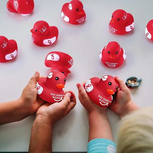 60 Pcs Red Ribbon Week Gifts Rubber Duck Red Ribbon Week Items with Red Ribbon Duck Bulk Gifts for Friend Family Students Coworkers Fundraiser and Toys Stop The Stigma in Saudi Arabia