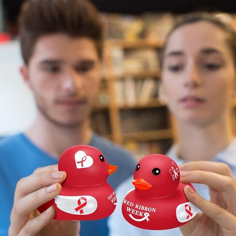 60 Pcs Red Ribbon Week Gifts Rubber Duck Red Ribbon Week Items with Red Ribbon Duck Bulk Gifts for Friend Family Students Coworkers Fundraiser and Toys Stop The Stigma in Saudi Arabia