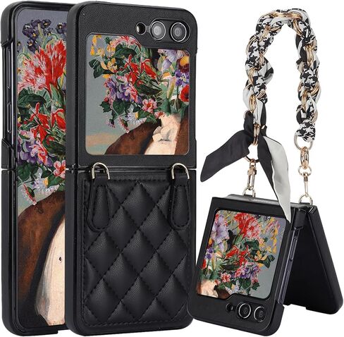 for Samsung Galaxy Z Flip 6 Case with Adjustable Detachable Lanyard, Crossbody PU Leather Protective Phone Cover with Chain Strap Wrist for Samsung Galaxy Z Flip6 SDZ Black in Saudi Arabia