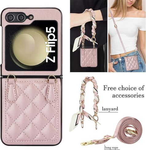 for Samsung Galaxy Z Flip 6 Case with Adjustable Detachable Lanyard, Crossbody PU Leather Protective Phone Cover with Chain Strap Wrist for Samsung Galaxy Z Flip6 SDZ Black in Saudi Arabia