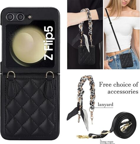 for Samsung Galaxy Z Flip 6 Case with Adjustable Detachable Lanyard, Crossbody PU Leather Protective Phone Cover with Chain Strap Wrist for Samsung Galaxy Z Flip6 SDZ Black in Saudi Arabia