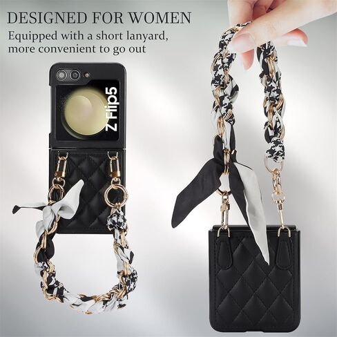 for Samsung Galaxy Z Flip 6 Case with Adjustable Detachable Lanyard, Crossbody PU Leather Protective Phone Cover with Chain Strap Wrist for Samsung Galaxy Z Flip6 SDZ Black in Saudi Arabia