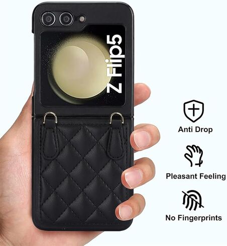 for Samsung Galaxy Z Flip 6 Case with Adjustable Detachable Lanyard, Crossbody PU Leather Protective Phone Cover with Chain Strap Wrist for Samsung Galaxy Z Flip6 SDZ Black in Saudi Arabia