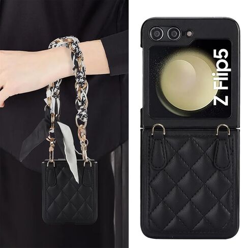 for Samsung Galaxy Z Flip 6 Case with Adjustable Detachable Lanyard, Crossbody PU Leather Protective Phone Cover with Chain Strap Wrist for Samsung Galaxy Z Flip6 SDZ Black in Saudi Arabia