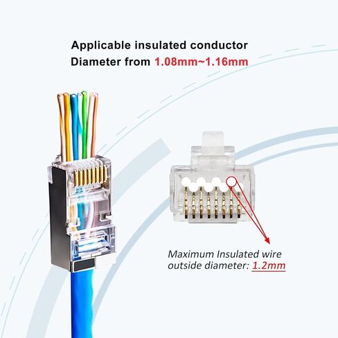 EZYUMM 50PCS RJ45 Cat6 Pass Through Connectors, Economical 8P8C Gold Plated Ethernet Cat6 Connector, UTP Network Modular Plugs for Solid or Stranded Cable in Saudi Arabia