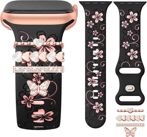 Charm+Band for Apple Watch Bands 40mm 38mm 41mm 42mm 44mm 45mm for Women,Floral Engraved iWatch bands Soft Silicone Sport Jewelry Strap with Decorative Ring Loops for iWatch SE Series 9 8 7 6 5 4 3 2 in Saudi Arabia