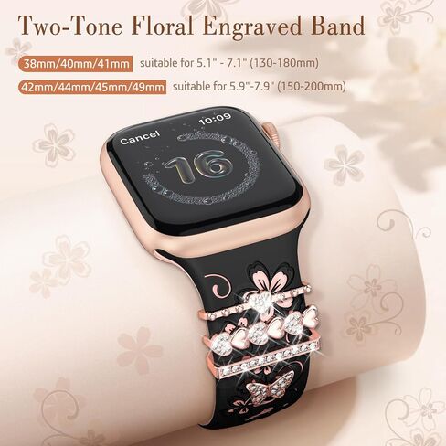 Charm+Band for Apple Watch Bands 40mm 38mm 41mm 42mm 44mm 45mm for Women,Floral Engraved iWatch bands Soft Silicone Sport Jewelry Strap with Decorative Ring Loops for iWatch SE Series 9 8 7 6 5 4 3 2 in Saudi Arabia