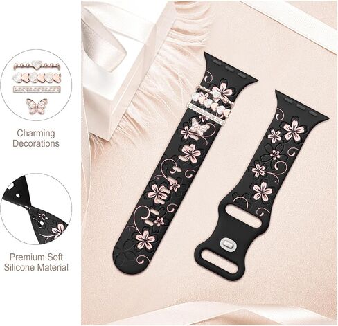 Charm+Band for Apple Watch Bands 40mm 38mm 41mm 42mm 44mm 45mm for Women,Floral Engraved iWatch bands Soft Silicone Sport Jewelry Strap with Decorative Ring Loops for iWatch SE Series 9 8 7 6 5 4 3 2 in Saudi Arabia