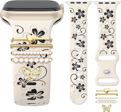 Charm+Band for Apple Watch Bands 40mm 38mm 41mm 42mm 44mm 45mm for Women,Floral Engraved iWatch bands Soft Silicone Sport Jewelry Strap with Decorative Ring Loops for iWatch SE Series 9 8 7 6 5 4 3 2 in Saudi Arabia