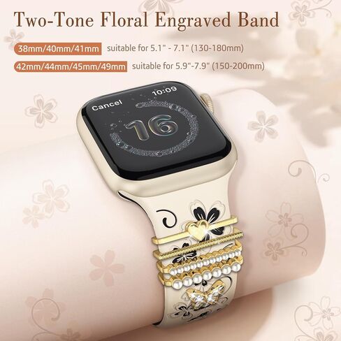 Charm+Band for Apple Watch Bands 40mm 38mm 41mm 42mm 44mm 45mm for Women,Floral Engraved iWatch bands Soft Silicone Sport Jewelry Strap with Decorative Ring Loops for iWatch SE Series 9 8 7 6 5 4 3 2 in Saudi Arabia