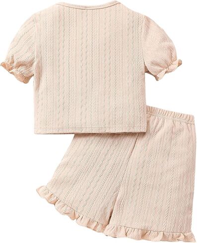 OYOANGLE Girl's 2 Piece Outfits Textured Puff Short Sleeve T Shirt and Ruffle Trim Shorts Set in Saudi Arabia