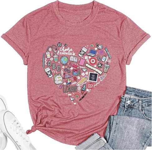 Teacher Shirt Women Teaching T-Shirt Funny Heart Graphic Tee Top Cute Kindergarten Teachers Gift T-Shirt in Kuwait