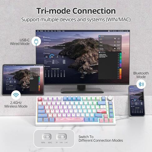 75% Wireless Creamy Pink Mechanical Keyboard, Hot Swappable Custom Keyboard, RGB Backlit Gasket Gaming Keyboard, 2.4G/BT5.0/USB-C Mechanical Keyboard, Pre-lubed Linear Gray Cream Switches in Saudi Arabia