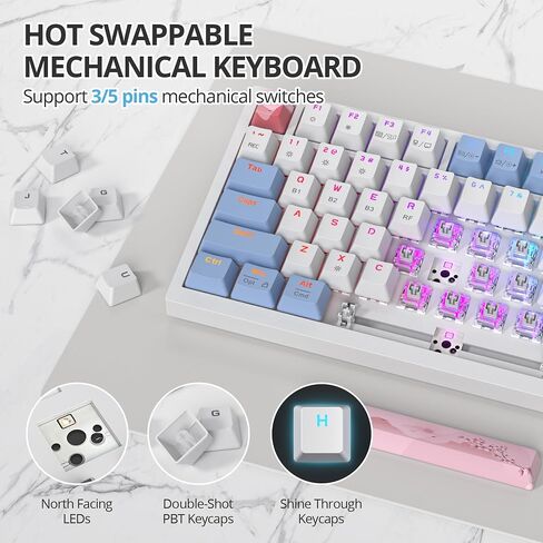 75% Wireless Creamy Pink Mechanical Keyboard, Hot Swappable Custom Keyboard, RGB Backlit Gasket Gaming Keyboard, 2.4G/BT5.0/USB-C Mechanical Keyboard, Pre-lubed Linear Gray Cream Switches in Saudi Arabia